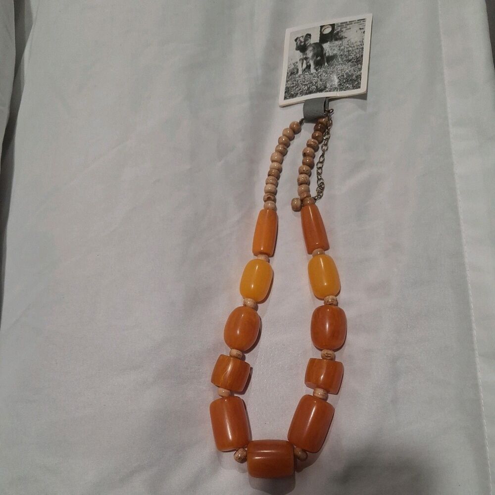Vintage ANTHROPOLOGIE Style Orange & Yellow Beaded Necklace With Wooden Accents